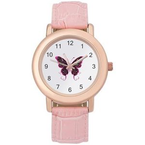 Vlinder met omtrek roze lint dames elegant horloge lederen band polshorloge analoog kwartshorloge