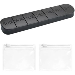 NyxSeat 1 stuks pillendoos en 2 transparante opbergzakken, draagbare medicijndoos met 7 vakken, lange tabletdoos, geschikt voor het opbergen van medicijnen (zwart)