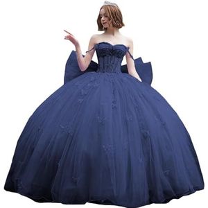 Fuomomo Quinceanera-jurk met dunne bandjes en vlinderglitter, Quinceanera-jurk met vlinders en grote strik, baljurk van kant met parels MT053, marineblauw, 44