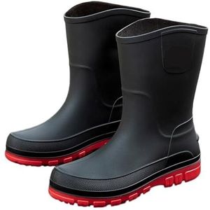 YDYAENIO Waterdichte tuinregenlaarzen voor heren en heren, halfhoge kalfslaarzen, waterdichte rubberen schoenen voor echtgenoot, werk, galoshes, mannelijke regenlaarzen, waterschoeisel (zwart rood,