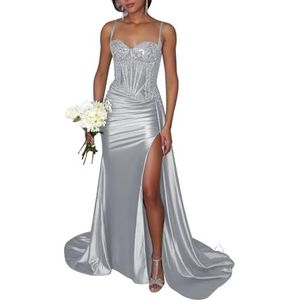 KIYNE Sprankelende pailletten galajurken voor vrouwen met split kant applicatie zeemeermin baljurk formele afstuderen feestjurk, Zilver, 32