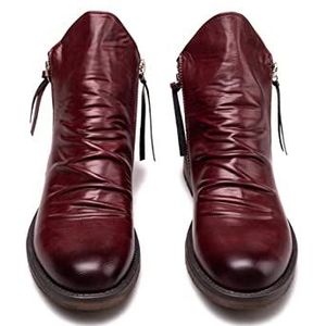De nieuwe Ankle Boots For Men Pleated Burnished Toe Double Side Zip PU Anti-slip Wearable Non Slip Waterproof Slip On Casual (Color : Wine Red, Size : 40 EU)