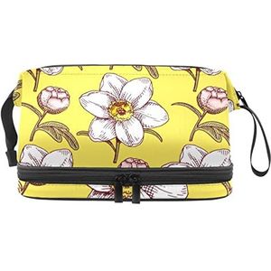 Grote capaciteit reizen cosmetische tas,Wit roze bloeiende bloem geel,Make-up tas,Waterdichte make-up tas organisator, Meerkleurig, 27x15x14 cm/10.6x5.9x5.5 in