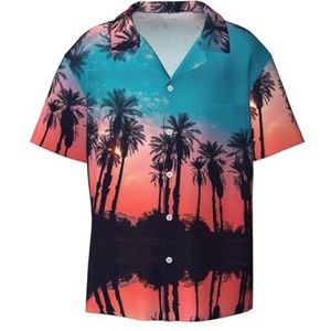 Palmboom Zonsondergang Print Heren Korte Mouw Button Down Shirts Casual Losse Fit Zomer Strand Shirts Heren Jurk Shirts, Zwart, XXL