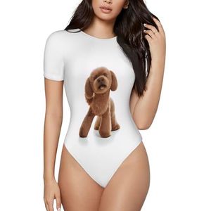 ELSMZXZD Bodysuit met korte mouwen voor dames - schattige puppyhond bedrukt ronde hals bodysuit, rekbaar T-shirt top, casual slim fit turnpakje, 3 D, S