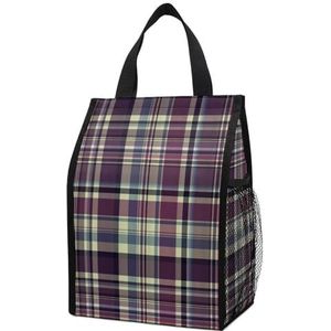 Vintage Paars Schotland Plaid Draagbare Lunch Bag Herbruikbare Geïsoleerde Koeler Picknick Tote Box Opvouwbare Tas Met Zak