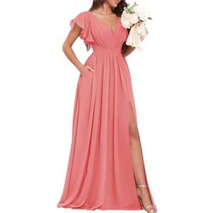 Chiffon bruidsmeisjesjurken voor dames, voor bruiloft, met split, avondgalajurken, cocktailjurken, grote maten, Koraal, 32