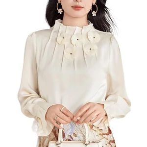 ROUZIHU Satijn chiffon overhemd met bloemenprint, veelzijdig, leeftijdsverminderend, losse top met lange mouwen en opstaande kraag, Beige, XXL