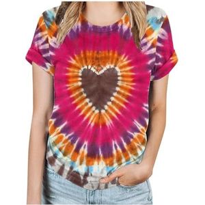 Dames T-shirt met batikpatroon, hart-afbeelding, Valentijnsdag, shirt, geliefden, geschenken, casual T-shirt met korte mouwen, mustard yellow, XXL