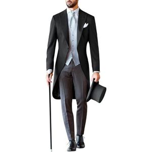RAJEGAR 3 Stuks Mannen Bruiloft Pak Bruidegom Ochtend Tuxedo Slim Groomwear Tailed Blazer Vest Broek Sets, Zwart, L