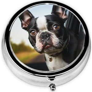 Pillendoosje met spiegel, retro pillendoosje met 3 vakken, puppy, hond, Boston Terrier, kleine pillenorganizer voor portemonnee of zak, decoratieve metalen medicijnen, vitamine-organizer, unieke