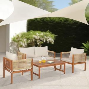 casa.pro Tuinset Cannole 4-delig zitgroep met kussens loungeset van acaciahout en polyrotan 1 tafel 2 stoelen 1 bank houtkleurig en beige