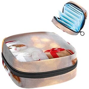 Periode Pouch Draagbare Tampon Opbergtas,Tampon Houder voor Portemonnee Vrouwelijke Product Organizer,Mooie Kat met Rode Hoed, Meerkleurig, 4.7x6.6x6.6 in/12x17x17 cm