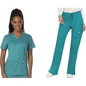 Cherokee Scrub Set Voor Vrouwen Moderne Klassieke Fit 3 Zakken V-hals Top WW620 met 5 Zakken Matige Flare Been Pant WW120, Teal Blauw-XS Top/XS Broek