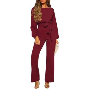 KWISUAWHGA Jumpsuits Met Lange Mouwen voor Vrouwen Casual Eendelige Outfit Ronde Hals Hoge Taille Trendy Wijde Pijpen Rompertjes met Riem,Burgundy,L