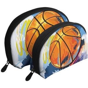 Make-uptas, cosmetische reistas 2 stuks draagbare clutch zakje set zakje organizer basketbal kleurrijke schets plezier bedrukt, zoals afgebeeld, Eén maat