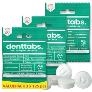 DENTTABS Tandenborsteltabletten met fluoride (3 x 125 stuks), mild en aangenaam, veganistisch, met fluoride, natuurlijke cosmetica