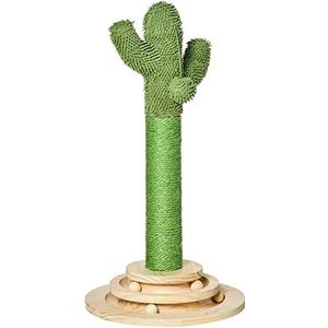 PawHut katten krabpaal cactus kattenboom grenenhout sisaltouw krabpaal met houten ballen speelgoed voor katten 60 cm hoog groen + naturel