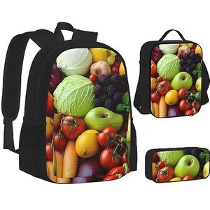 BONDIJ Gouden witte vlinders zwarte rugzakken voor school met lunchbox etui, waterbestendige tas voor jongens meisjes leraar geschenken, Vers fruit en groenten, Eén maat