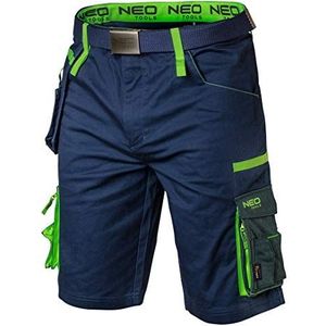 NEO TOOLS Heren Premium korte werkbroek met broekriem, 62% katoen, 35% polyester, 3% elastaan 270 g/m2, maat XS-3XL, afneembare gereedschapstas, marin