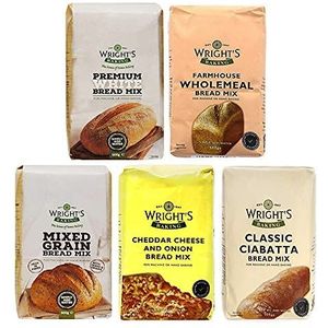 Wright's Baking Broodmix Selectie Pack - Premium Wit, Boerderij Volkoren, Gemengde Graan, Cheddar Kaas & Ui, Klassieke Ciabatta (Een van elke 500g Pack)