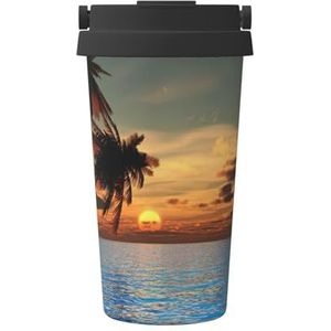 Zonsondergang palmboom oceaanprint geïsoleerde koffiemok beker, 500 ml reizen koffiemok, voor reizen, kantoor, auto, feest, camping