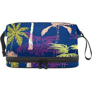 Palm Trees Makeup Bag Double Layer Ruime Cosmetische Zakken voor Vrouwen en Meisjes Reizen Draagbare Toiletry Pouch met Rits, Meerkleurig, 27x15x14 cm/10.6x5.9x5.5 in, Make-up zakje