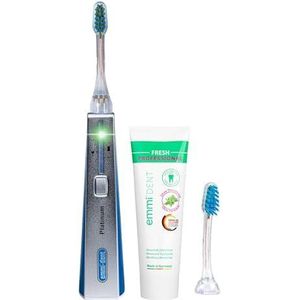 emmi-dent Platinum Elektrische tandenborstel met ultrasoon geluid (blauwe basisset), optimale reiniging van de tanden zonder wrijven, batterijduur tot 15 dagen