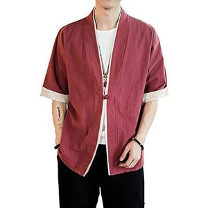 Heren Japanse Mode Kimono Vest Haori Jas Yukata Open Front Plus Size Traditionele Jas 2/1 Mouwen Losse, Rode Wijn, 3XL