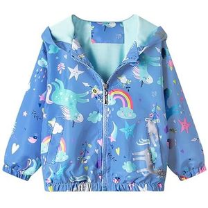 JinBei Jas kinderen capuchon windjack winddicht rits lange mouw mantel cartoon jassen zacht licht dun zonnebrandcrème anti-condens uitloper cadeau voor baby meisjes peuter, blauw, 3-4 jaar,eenhoorn