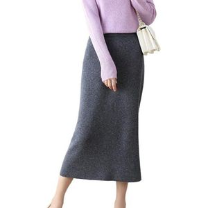 KWISUAWHGA Dames 100% Wollen Gebreide Midi-Rok Met Elastische Taille, Slanke Pasvorm, Zacht, Warm, Elegant, Comfortabel, Trendy Bodycon Herfstrokken,Grijs,L