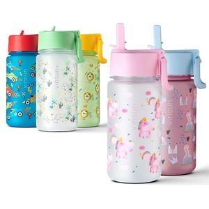 Vinsun Waterfles Kind Eenhoorn met Rietje 500ml - Lekvrij, BPA-vrij, Tritan - Drinkfles Roze voor Kleuterschool, School, Sport