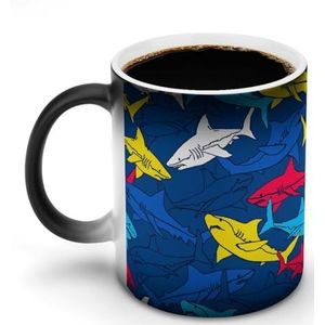 Gekleurde Haaien Warmte Veranderende Koffie Mok Keramische Warmtegevoelige Magische Grappige Gift voor Vrouwen Mannen 12oz