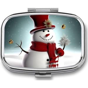 Sneeuwpop Gedrukt Draagbare Pil Container Reizen Pil Gevallen Met Spiegel 2 Compartiment Geneeskunde Doos Decoratieve Metalen Geneeskunde Voor Pocket Purse Reizen Dagelijks