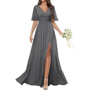 HPPEE Damesjurk met korte mouwen en V-hals, chiffon, bruidsmeisjesjurk met split en plooien, lange formele avondjurk, Grijs, 32