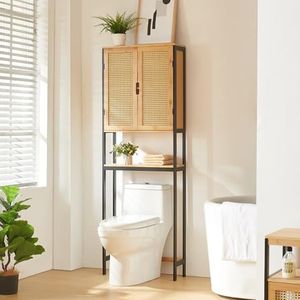 [en.casa] Ombouwkast Tervola toiletkast badkamerkast in rotan design staand rek 172x60x20 cm bamboe zwart en naturel