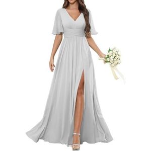 HPPEE Damesjurk met korte mouwen en V-hals, chiffon, bruidsmeisjesjurk met split en plooien, lange formele avondjurk, Zilver, 32