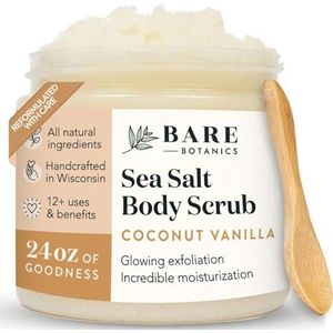 BARE BOTANICS Body Scrub (kokos vanille) - zachte peeling & super vochtinbrengende crème | volledig natuurlijk, niet vettig, geen synthetische geurstoffen, geen notenolie | zoutpeeling