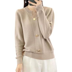 Dames V-hals Wolmix Trui, Knoopversiering Trui Zachte Casual Gebreide Top(Khaki,XL)