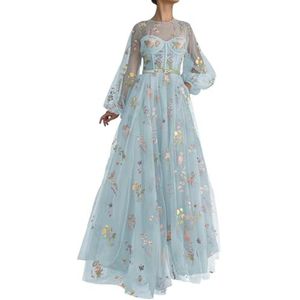 Dames Tule Galajurken Bloem Borduurwerk Avondfeest Jurken Prinses Baljurken Plus Size, Blauw, 32