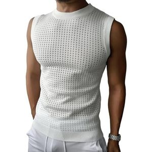 GKEIOSHQIL Heren Gebreide Tanktops Hollow Out Casual Mouwloze Zomer Strand Spier Vest Effen Kleur Pullover,Wit,3XL