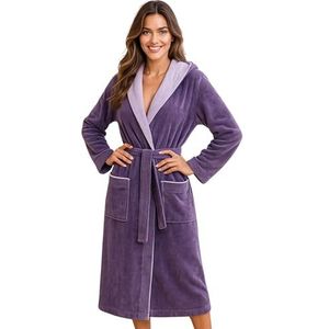 Morgenstern dames badstof badjas met capuchon van 100% katoen velour paars S