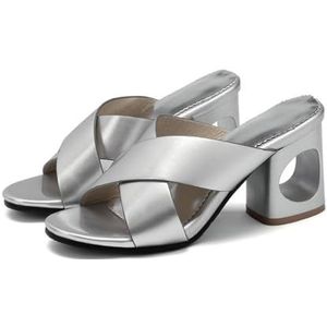 WOkismD Zomersandalen Cross Strap 7 cm dikke hak sandalen, Zilver, 34 EU
