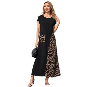 jurken voor dames T-shirtjurk met luipaardprint en opgestikte zak(Noir,M)
