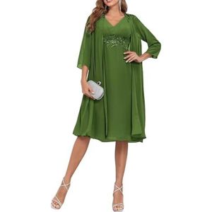 2 Stuks Moeder van de Bruid Jurk voor Bruiloft 3/4 Mouwen Chiffon Avond Prom Jassen met Jas, Olijfgroen, 32