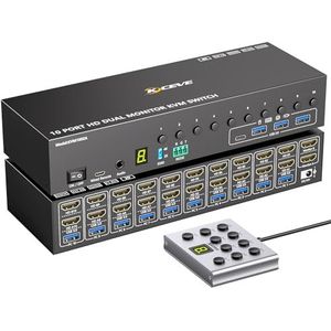 10 Port HDMI KVM Switch 2 Monitor 4K@60Hz EDID Simulatie, Dual Monitor KVM switch 10 PC met 4 USB 3.0 Port Voor Toetsenbord en Muisprinter, Audio RS232, met Controller 12V Power en 10 USB Kabel