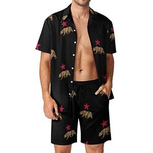 California Bear And Red Star Hawaiiaanse bijpassende set voor heren, 2-delige outfits, button-down shirts en shorts voor strandvakantie