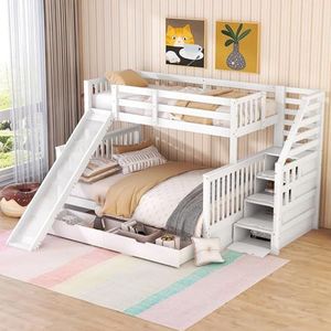 Idemon Stapelbed met laden, 90 x 200 op 140 x 200, opbergruimte en glijbaan, multifunctioneel, wit