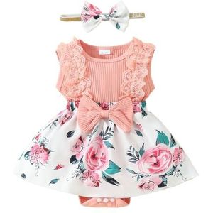 HEOXIN Baby Girl Infant Toddler Dress, Kant Mouwloos Knoop Kruis Grote Striknot Ronde Hals Baby Jurk met Hoofdband Baby Jurk Outfit Set, Frilly Jurken voor Meisjes 0-3 Maanden