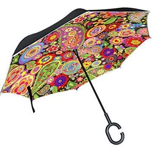 RXYY Winddicht Dubbellaags Vouwen Omgekeerde Paraplu Tribal Pasen Bloem Paisley Waterdichte Reverse Paraplu voor Regenbescherming Auto Reizen Outdoor Mannen Vrouwen